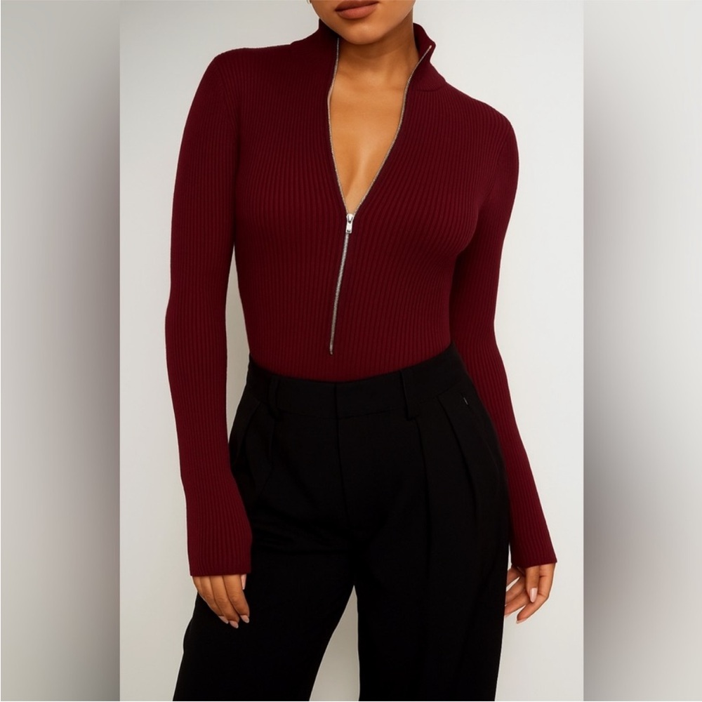 NWT - Good American Ribbed Zip Up Bodysuit - Burgundy - Picture 3 of 3